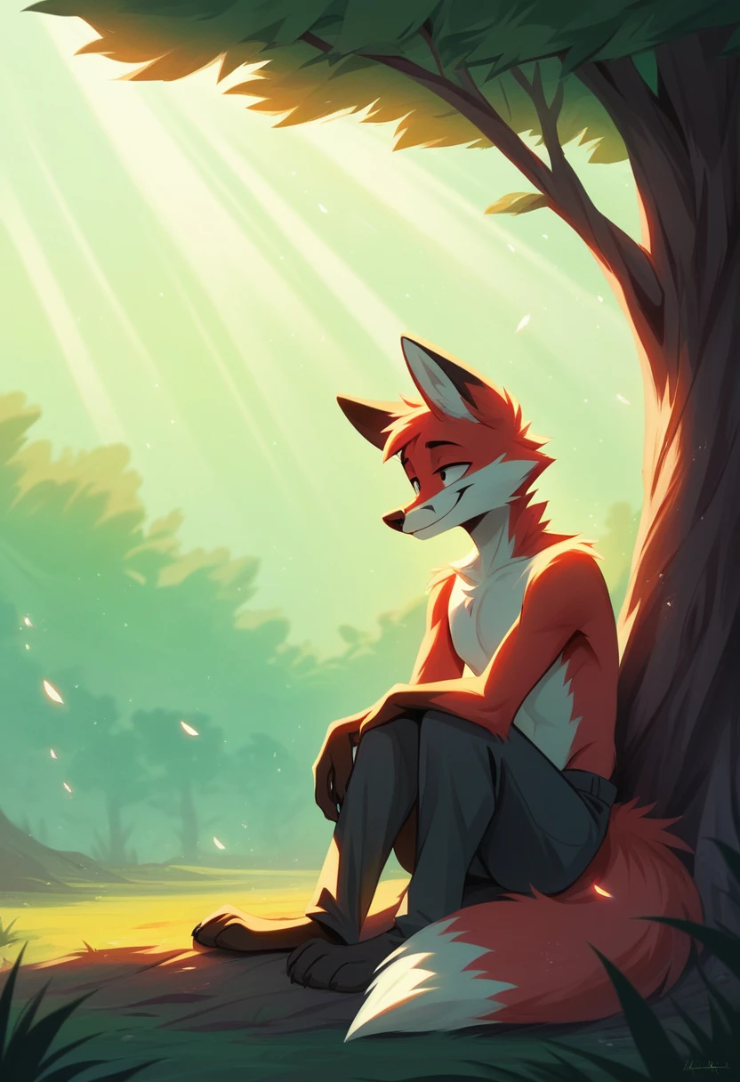 solo male, white fox, furry, smiling, red fur, Black fur stripe, netral, Traumatized face, dynamic lighting, illustration, beautiful, particles (high quality,4k,8k,highres,masterpiece:1.2), ultra-detailed, impressionistic:colorful,fullbody,sitting under a tree