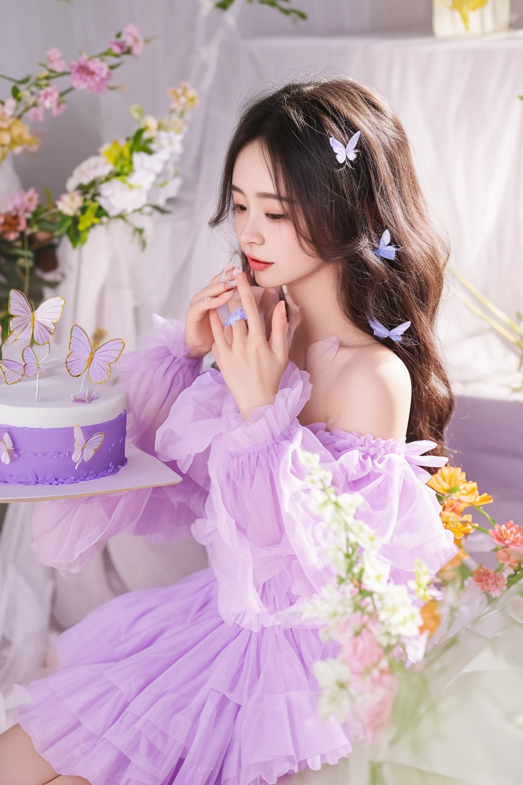 there is a woman in a dress sitting in front of a cake, aesthetic cute with flutter, ethereal fairytale, fairycore, violet colored theme, ethereal fantasy, very magical and dreamy, fantasy photoshoot, captured on canon eos r 6, krystal, ethereal beauty, dilraba dilmurat, eating cakes, fanart, wearing organza gown, sakimichan