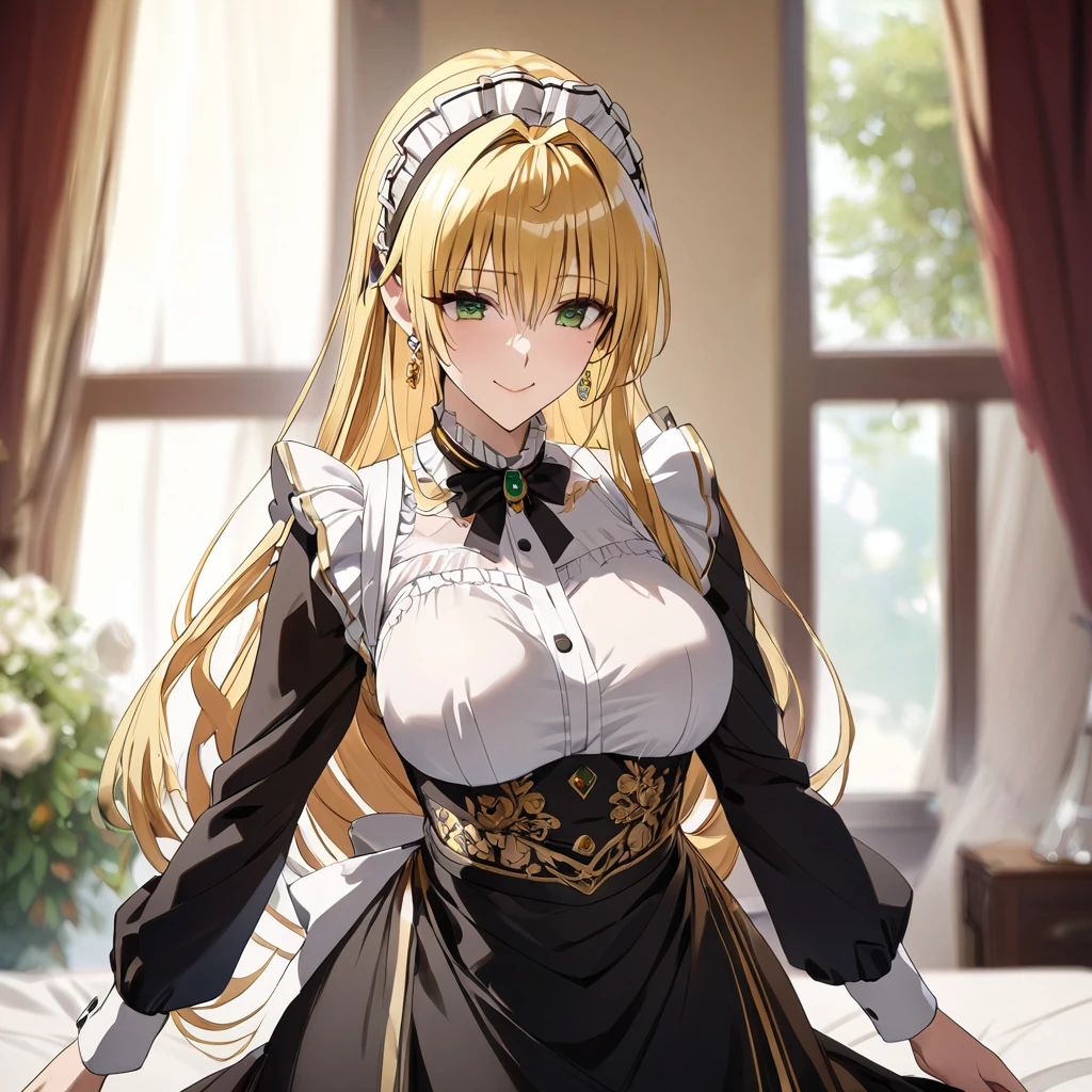A woman is raped and violated by a man、The luxurious and high-class Victorian maid outfit is evenly decorated with gorgeous gold embroidery and edging, and the blouse, apron, and headband also have gorgeous gold embroidery and edging.、((Highest quality)), ((masterpiece)), (detailed), (Perfect Face)、The woman is Tierre, with green eyes, medium-long blonde hair, a Victorian maid outfit and maid headband, jeweled earrings, and an engagement ring.、The woman is smiling fondly in a luxurious room、The Victorian maid uniform is a calm, old-fashioned type with long sleeves and a long skirt, decorated with luxurious gold embroidery and edging.