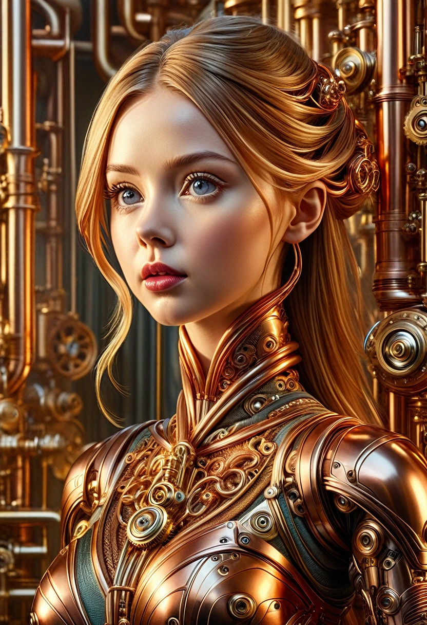 A stunning robot made of copper piping with hair made of intricate copper piping, cascading down like a metallic waterfall. She wears a dress fashioned from delicate, interwoven copper pipes, glinting under the light. Her visage is a mesmerizing blend of Alison Brie, Scarlett Johansson, and Dove Cameron, creating a unique, symmetrical face that exudes elegance and grace. The entire scene is rendered in photorealistic quality, capturing every fine detail with stunning clarity. The overall artwork is a masterpiece, presented in 8K high resolution, showcasing the top-quality craftsmanship and artistic vision.