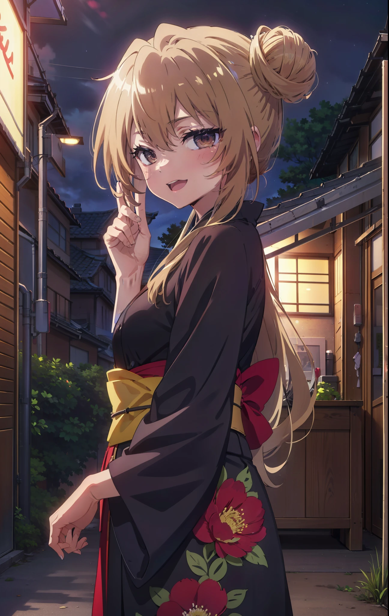 taiga aisaka, taiga aisaka, Long Hair, Brown Hair, Brown eyes,happy smile, smile, Open your mouth,Squint your eyes,Hair Bun, single Hair Bun,Black kimono,Thick sleeves,日本のfestival,夏festivalの屋台,Red lantern,night,night空の花火,Fireworks,The place is a fireworks display,時間はnightです,sunny day,turn around,As if your whole body is in the illustration,Walking, break looking at viewer, Upper Body, (Cowboy Shot:1. 5),
break outdoors, festival,shrine,
break (masterpiece:1.2), Highest quality, High resolution, unity 8k wallpaper, (shape:0.8), (Beautiful attention to detail:1.6), Highly detailed face, Perfect lighting, Highly detailed CG, (Perfect hands, Perfect Anatomy),