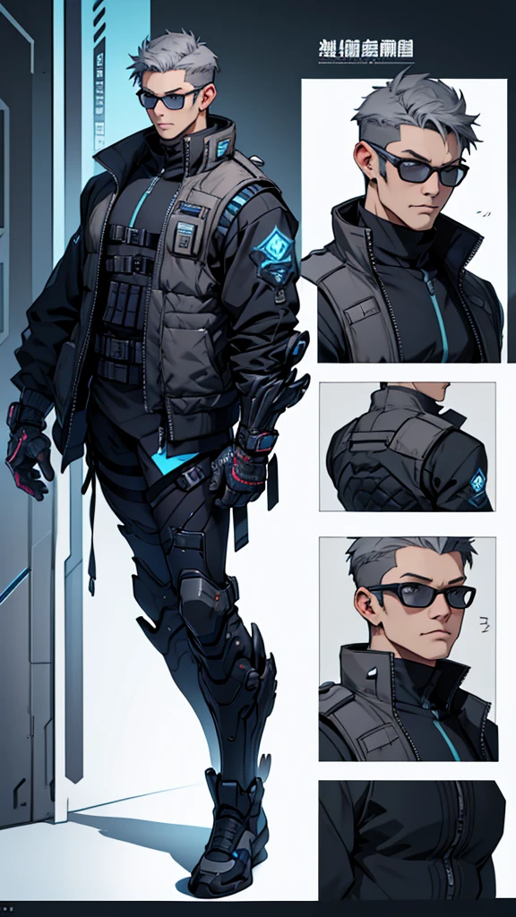 Character design sheet、Grey and blue mesh short hair、Glasses、male、Tactical Vest、whole body、cyber punk