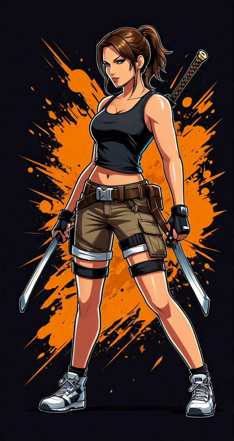 Lara Croft style fighting game, Hip-Hop Style, t shirt design, flat-colors, vectorial art, ((black backdrop)) . dynamic, Vibrant, full of action, detailed character design, reminiscent of fighting video games
