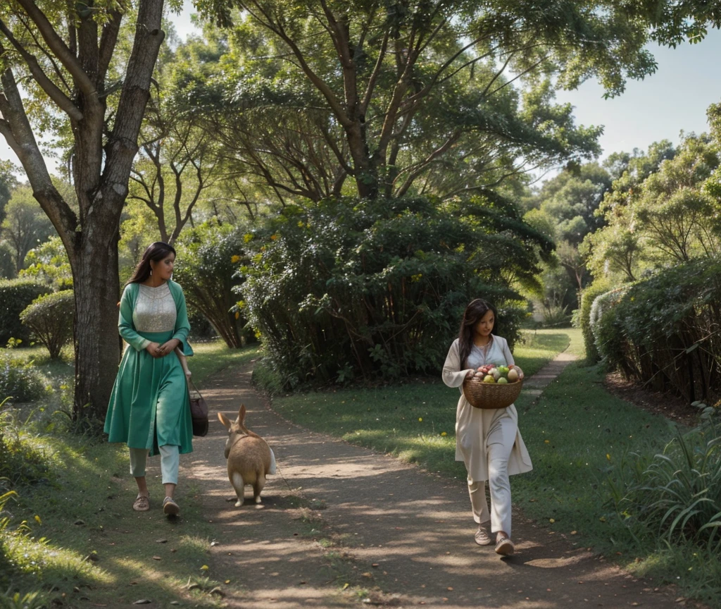 1. A lush, green forest with a clever rabbit named Rumi hopping along a path.
2. Rumi the rabbit spotting a turtle named Tia struggling to carry a heavy load of fruits.
3. Rumi offering to help Tia with her load, showing kindness and empathy.
4. Rumi and Tia walking together at Tia’s slow pace, with Rumi telling stories to keep her entertained.