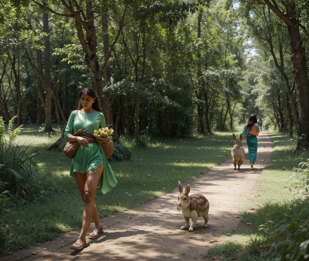 1. A lush, green forest with a clever rabbit named Rumi hopping along a path.
2. Rumi the rabbit spotting a turtle named Tia struggling to carry a heavy load of fruits.
3. Rumi offering to help Tia with her load, showing kindness and empathy.
4. Rumi and Tia walking together at Tia’s slow pace, with Rumi telling stories to keep her entertained.