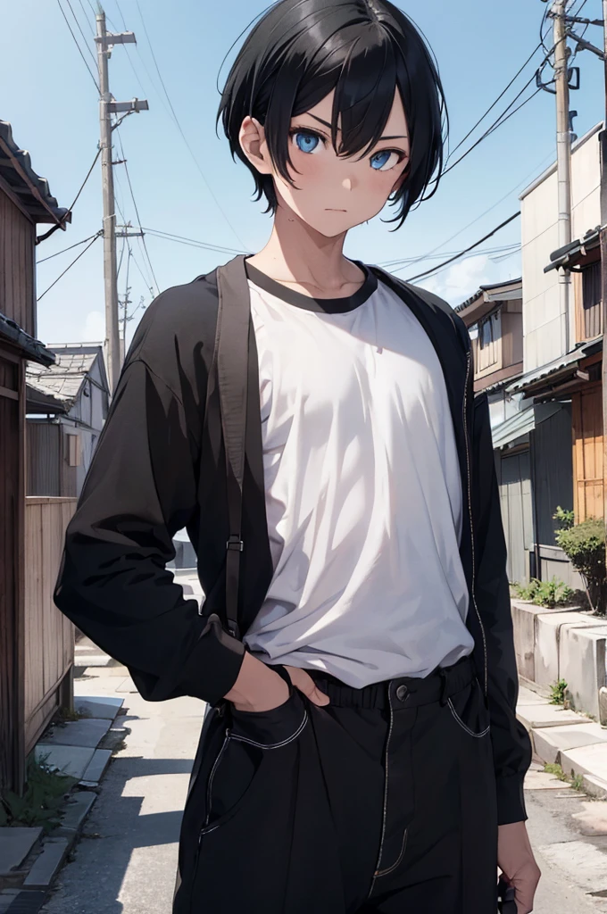 1boy, holding icy katana sword in left hand , short black hair, blue eyes, wearing black long sleeve shirt, black large trousers with Japansese words on it, city, high res, ultrasharp, 8K, masterpiece, looking at the sky,