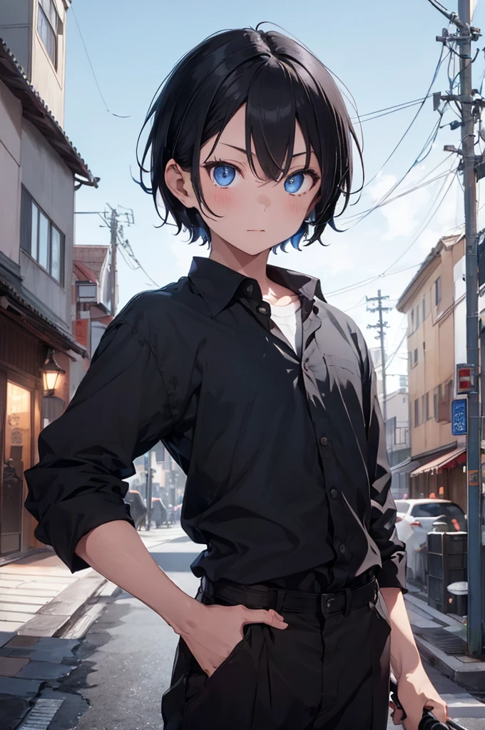 1boy, holding icy katana sword in left hand , short black hair, blue eyes, wearing black long sleeve shirt, black large trousers with Japansese words on it, city, high res, ultrasharp, 8K, masterpiece, looking at the sky,