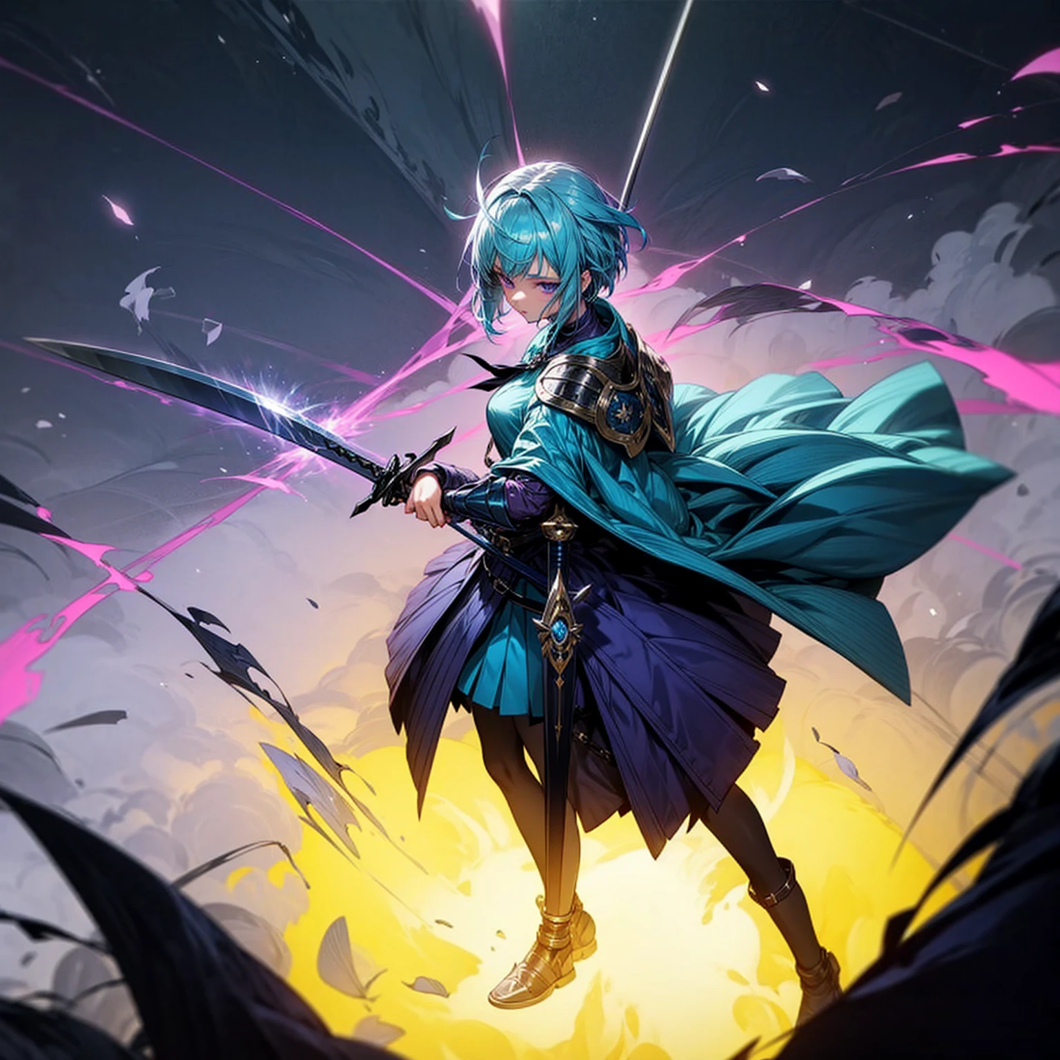 1girl, Full body version, 1character, adult version, purple eyes color, short haircut, blue colour hair, medieval girl style clothing, templar knight armor, spatha sword in hand, Grassroots, background in green field, motion blur, plasma effect, smoke effect, aura effect, lighting, lighting sword, flash, (Hunter x Hunter style), low angle view, standing gesture