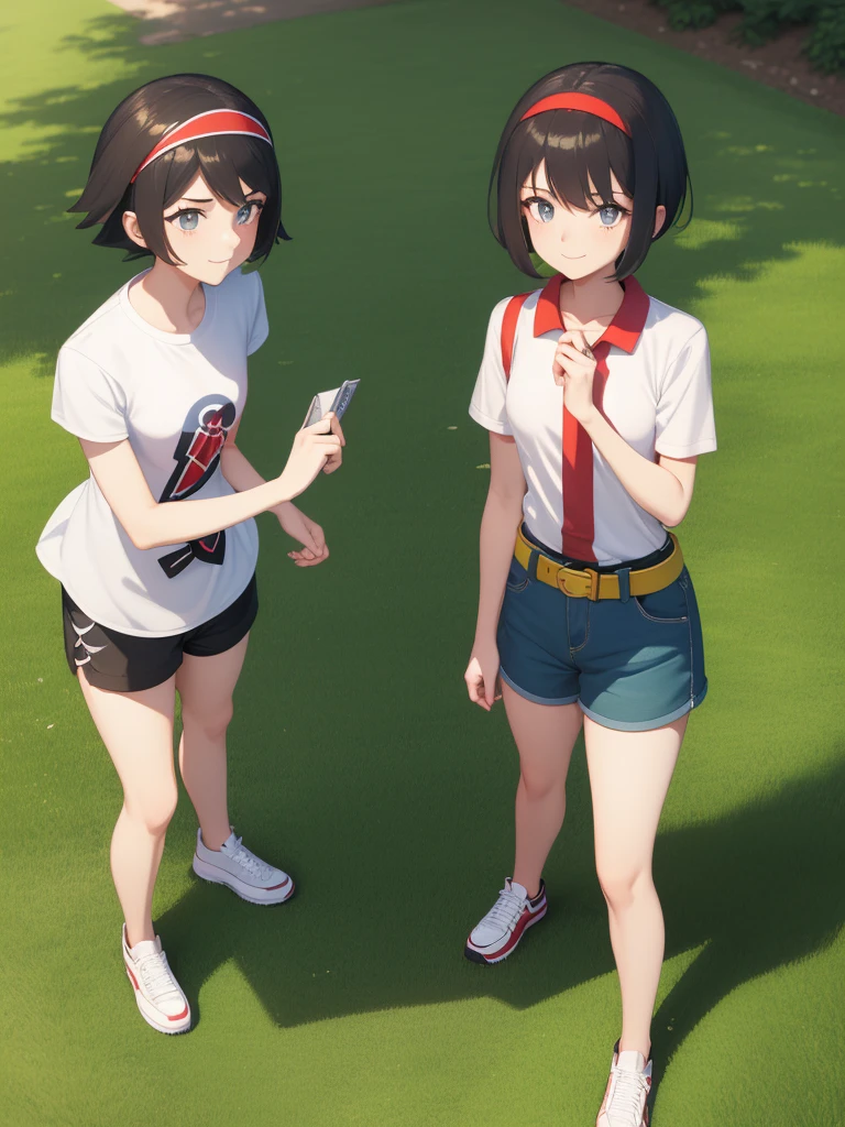 masterpiece, Highest quality, High resolution, Calm 1, 1 Girl, Calm 1, 1 Girl, Calm (Pokemon), alone, Grey Eyes, Black Hair, green Shorts, Red Tiara, shirt, tied shirt,, short hair, Short sleeve, Shorts, stripe, yellow shirt, belt, Middle class shooting, Grass, Field, smile, Are standing,