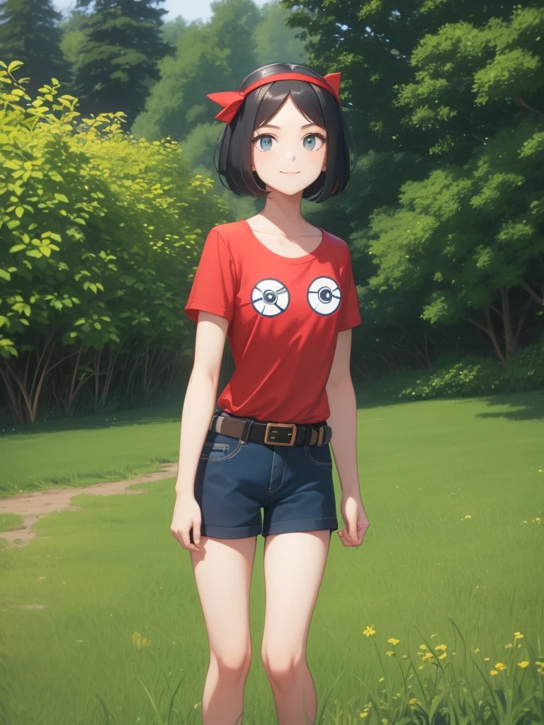 masterpiece, Highest quality, High resolution, Calm 1, 1 Girl, Calm 1, 1 Girl, Calm (Pokemon), alone, Grey Eyes, Black Hair, green Shorts, Red Tiara, shirt, tied shirt,, short hair, Short sleeve, Shorts, stripe, yellow shirt, belt, Middle class shooting, Grass, Field, smile, Are standing,