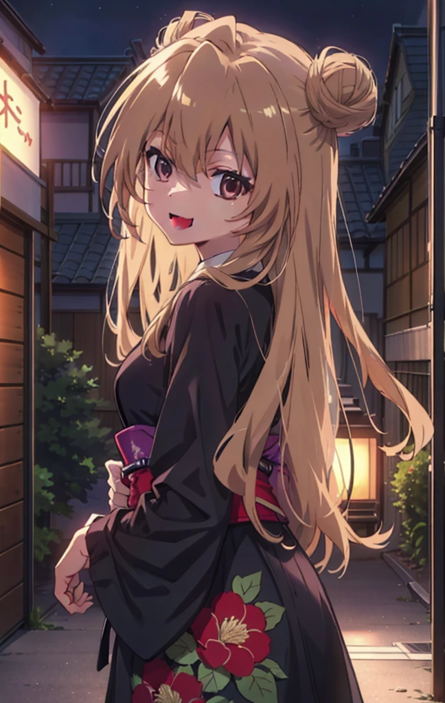 taiga aisaka, taiga aisaka, Long Hair, Brown Hair, Brown eyes,happy smile, smile, Open your mouth,Squint your eyes,Hair Bun, single Hair Bun,Black kimono,Thick sleeves,日本のfestival,夏festivalの屋台,Red lantern,night,night空の花火,Fireworks,The place is a fireworks display,時間はnightです,sunny day,turn around,As if your whole body is in the illustration,Walking, break looking at viewer, Upper Body, (Cowboy Shot:1. 5),
break outdoors, festival,shrine,
break (masterpiece:1.2), Highest quality, High resolution, unity 8k wallpaper, (shape:0.8), (Beautiful attention to detail:1.6), Highly detailed face, Perfect lighting, Highly detailed CG, (Perfect hands, Perfect Anatomy),