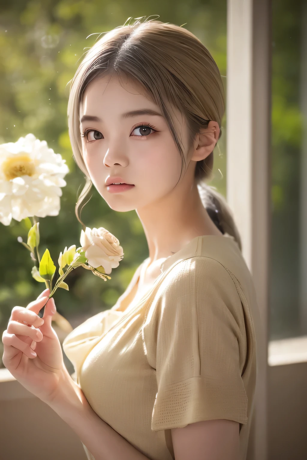 (((Beige World:1.3)))、Best Quality, masutepiece, High resolution, (((1girl in))), sixteen years old,(((Eyes are gray:1.3)))、Beige dress、((Beige shirt:1.3、Beige Color Block Dress)), Tindall Effect, Realistic, Shadow Studio,Ultramarine Lighting, dual-tone lighting, (High Detail Skins: 1.2)、Pale colored lighting、Dark lighting、 Digital SLR, Photo, High resolution, 4K, 8K, Background blur,Fade out beautifully、florals、Flowers in the background、Beige World