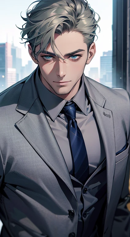 (best quality,4k,8k,highres,masterpiece:1.2),ultra-detailed,(realistic,photorealistic,photo-realistic:1.37),1 man,31 years old,mature man,very handsome,without expression,smile,short grey green hair,blue eyes,penetrating gaze,perfect face without errors,imposing posture,businessman,office background,cinematic lighting,hdr image