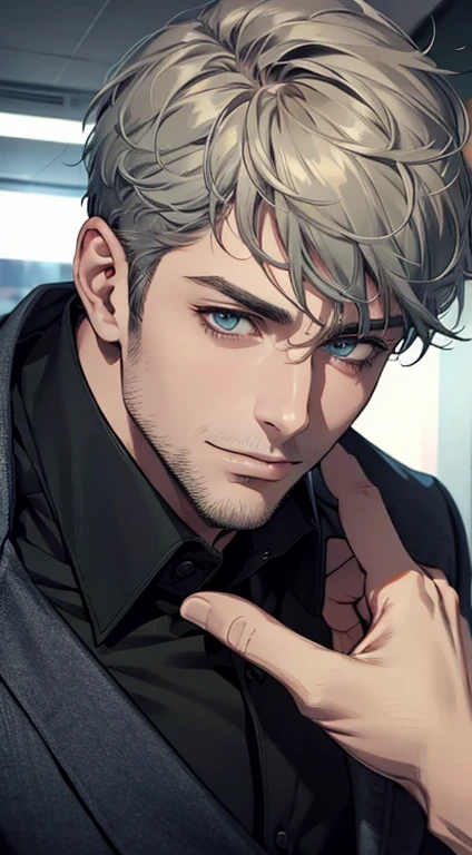 (best quality,4k,8k,highres,masterpiece:1.2),ultra-detailed,(realistic,photorealistic,photo-realistic:1.37),1 man,31 years old,mature man,very handsome,without expression,smile,short grey green hair,blue eyes,penetrating gaze,perfect face without errors,imposing posture,businessman,office background,cinematic lighting,hdr image