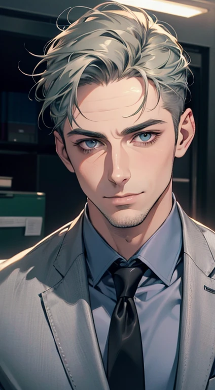 (best quality,4k,8k,highres,masterpiece:1.2),ultra-detailed,(realistic,photorealistic,photo-realistic:1.37),1 man,31 years old,mature man,very handsome,without expression,smile,short grey green hair,blue eyes,penetrating gaze,perfect face without errors,imposing posture,businessman,office background,cinematic lighting,hdr image