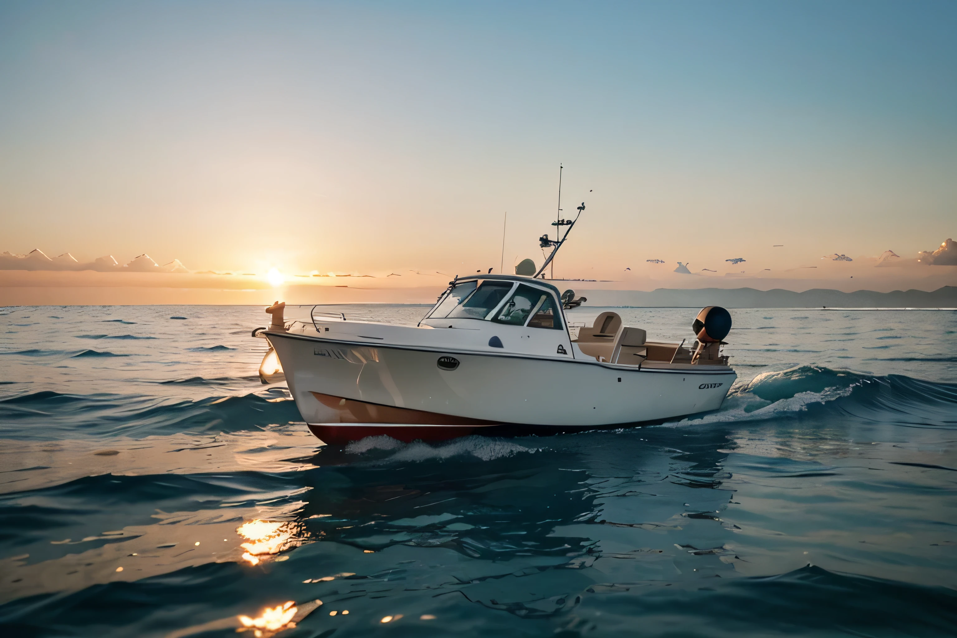 realistic photo of a small boat in the sea, fish swimming around, fish in the sea, 4k, detailed, details, HD