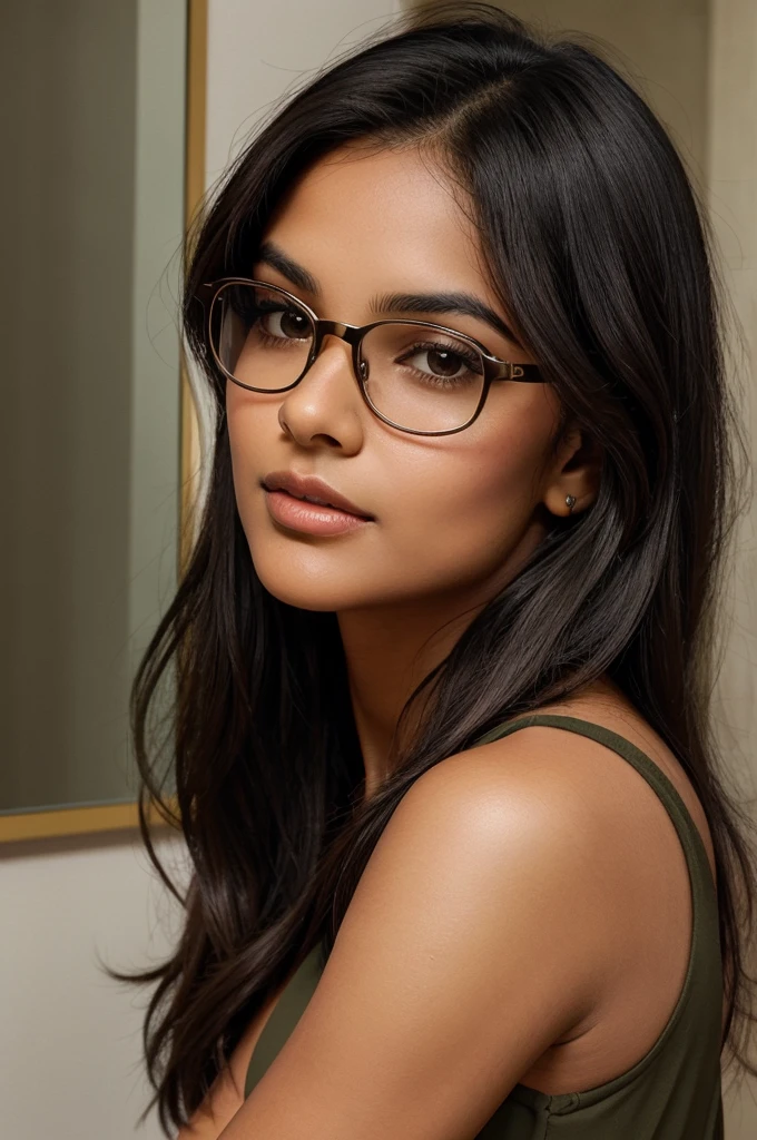 She has a warm complexion with a hint of olive undertones, reflecting her Indian heritage. Her oval face shape is framed by dark, slightly wavy hair that falls just below her shoulders. She wears rectangular glasses that complement her face shape, adding a touch of intellectual chic to her appearance.