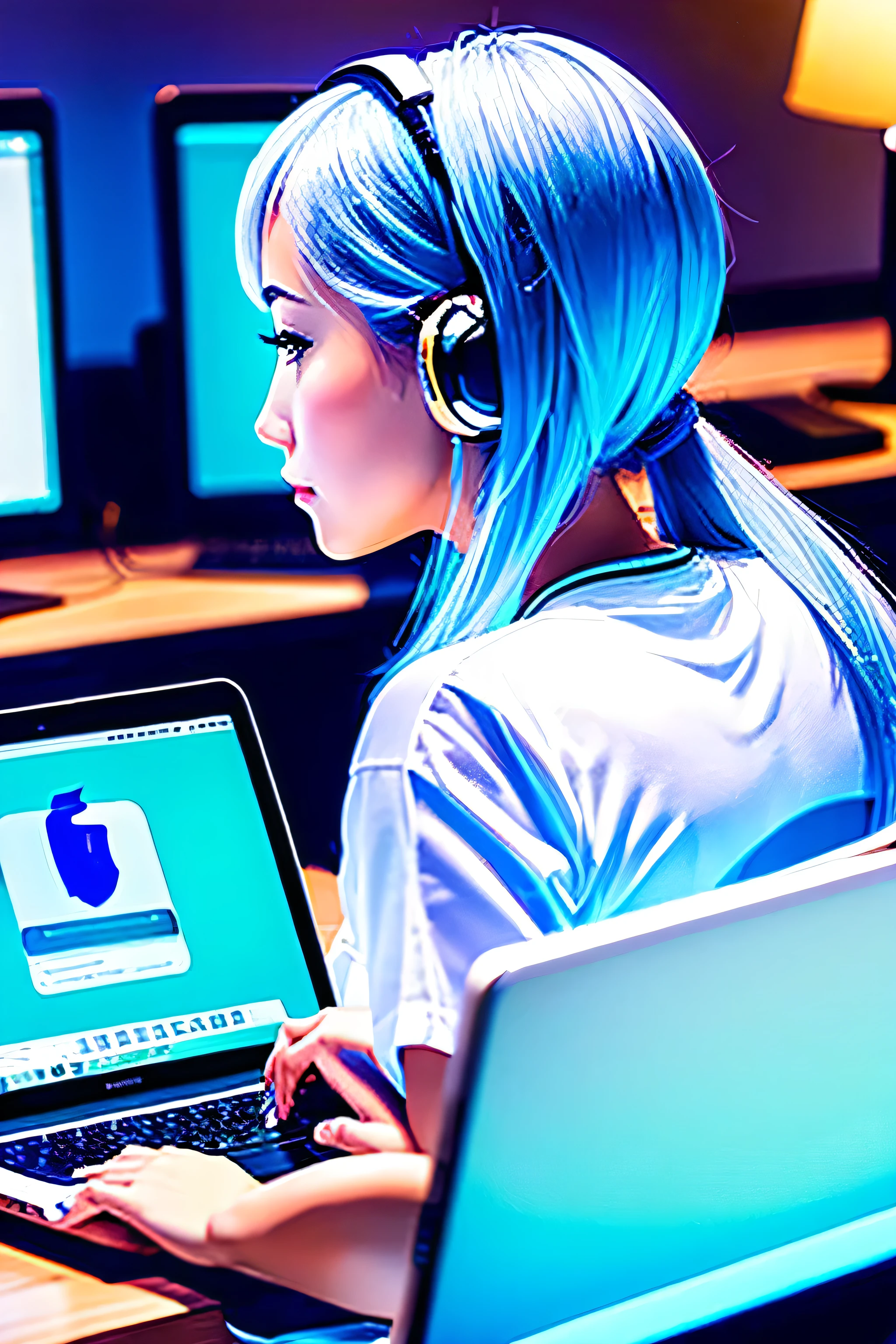 a beautiful woman is working using a mac book, internet world, AI, cyber space, watching apparel site, business like, pale blue. --ar 4:3