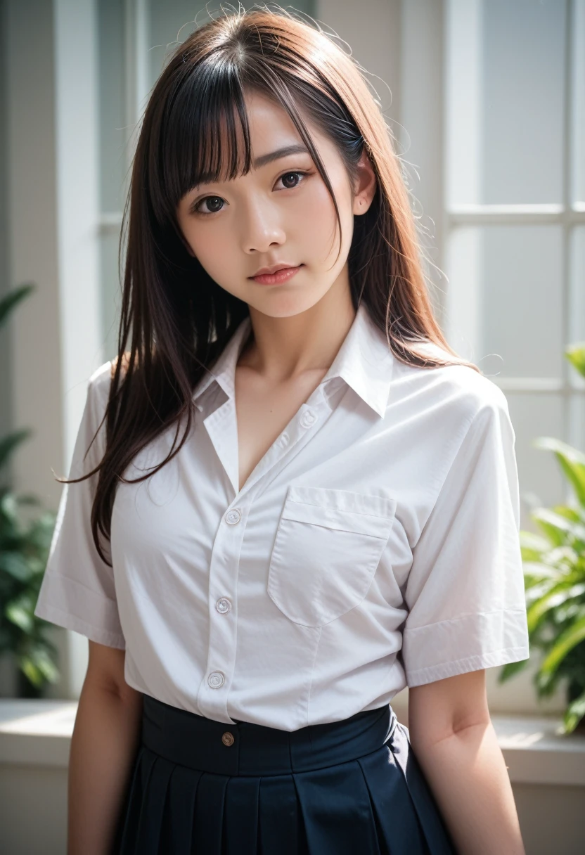 a closeup, ​masterpiece, top-quality, FULL ANATOMY、Raw foto, Photorealsitic, faces, unbelievable Ridiculous, beautiful a girl, cute little, shorth hair、depth of fields, hight resolution, ultra-detailliert, finely detail, ighly detailed, extremely detailed eye and face, Realistic pupils, foco nítido, Cinematic lighting、flat breast、tiny chest、small tits、(Petite bust:1.2)、Petite bust、 (Slimed、small tit、flat boobs、small tit)、 a 20 yo woman、Sexual facial expressions、sexy  pose、 Wet body、Blushing、Sweating、Very embarrassed look、yawns、The face is bright red、Schoolgirl Uniform、Panties are visible from the skirt、Very detailed 8k wallpaper、Sheer white shirt、Navy blue ribbon at the collar、Dark blue pleated micro mini、Show me your whole body、Plump panties、White Sox、((Lift the hem of the skirt、Lift the hem of the skirt with both hands、Lift the hem of the skirt yourself,、Show the camera a little bit of white silk panties))、is standing、‎Classroom、depth of fields、Bokeh in the background、Hairstyle with bangs