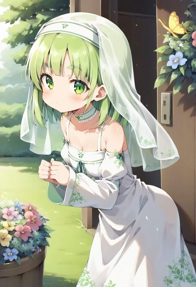 score_9, ,score_7_up, score_6_up, 1girl, source_cartoon, source_anime,breathtalking Scenery,watercolor,smooth soft skin, natural skin,anime screencap,mjm,Bfg 
BREAK 
(loli:1.4),(little female child:1.4), small breast,cute face, (loli toddler:1.1), 6 yo,kawaii, (highlight on eyes), (jiggly:0.8), shiny skin,
BREAK 
(medium green hair:1.3),(green maro eyebrows:1.6),pouty and slightly grumpy,(pout:1.2), ::(, (jitome),(frown:0.6),white streaked hair, green eyes, 
BREAK 
(Floral print nun dress:1.1), (pastel veil:1.2),choker,nun,butterfly sleeves, excessive detailed collarbone,exposed collarbone, dynamicangle,dynamicpose,bloom effect,
BREAK
(hanging out the laundry:1.2),(laundry,Clothes are drying:1.1),(from side,:1.2 ),cowboy shot,looking at viewer,flower garden,grass,nature,countryside,pastelcolor,