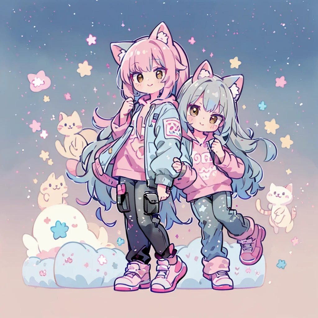 ((Highest quality,masterpiece,Extremely complex and exquisite details,A short girl with gray and blue cat ears and long hair is in the center,Gray blue super long straight hair,Curly hair at the ends,Sparse air bangs,Gray and pink T-shirt with xJ lettering,Denim hooded cropped jacket,Black and gray long cargo pants)),(pink and white sneakers,Smile slightly,Surrounded by tons of cute short-legged cats,Correct anatomy),Super Q super cute short full body portrait,Starry sky background vertical painting space scene