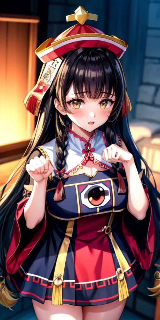 masterpiece, best quality, 4k, 8k, 1 woman, solo, tall stature, long hair, blunt bangs, side braid, black hair, droopy eyes, big eyes, ruby red eye, lemon yellow eye, black eyeliner, black eye shadow, heterochromia, slender frame, evil smile, ofuda, jiangshi costume:1.2, fang, horror, coffin, forest, night, midnight, fog, from front, cowboy shot, look at viewer, paw pose,