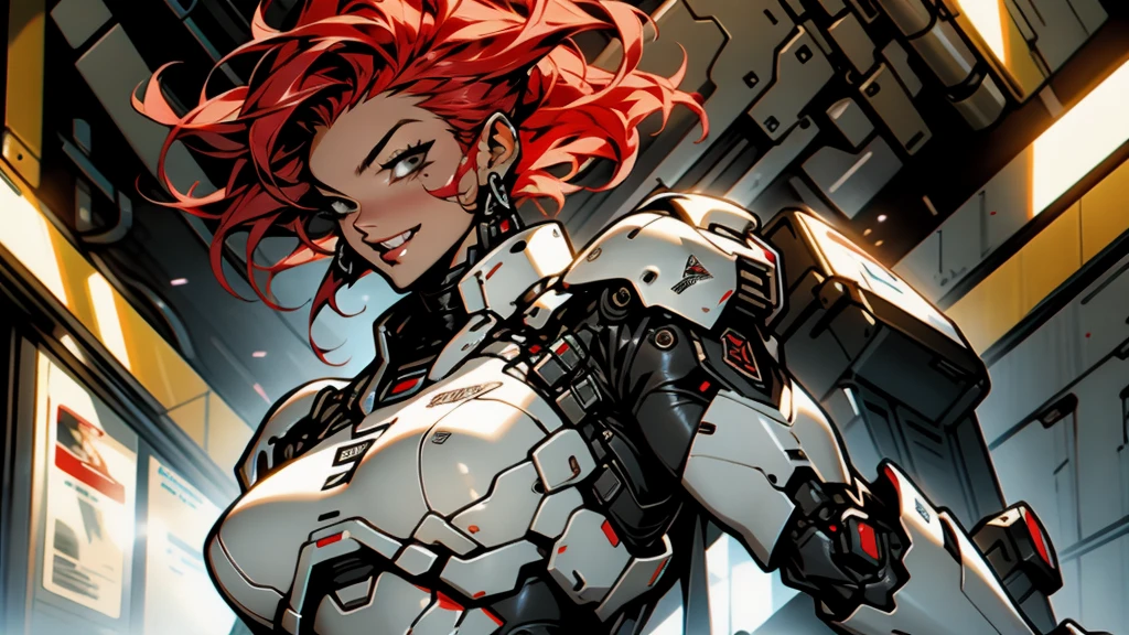 (((chedevr))), ((((Best quality)))), (((absurd))),,Sexy 35 year old adult woman,Wearing robotic armor,large breasts with décolleté,sexy pose,White mohawk and red hair,Proportional body,full body, lesbian,big breasts beautiful,mischievous smile,Military facilities