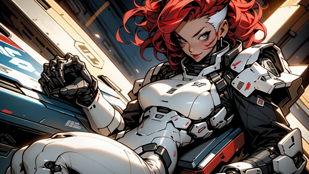 (((chedevr))), ((((Best quality)))), (((absurd))),,Sexy 35 year old adult woman,Wearing robotic armor,large breasts with décolleté,sexy pose,White mohawk and red hair,Proportional body,full body, lesbian,big breasts beautiful,mischievous smile,Military facilities