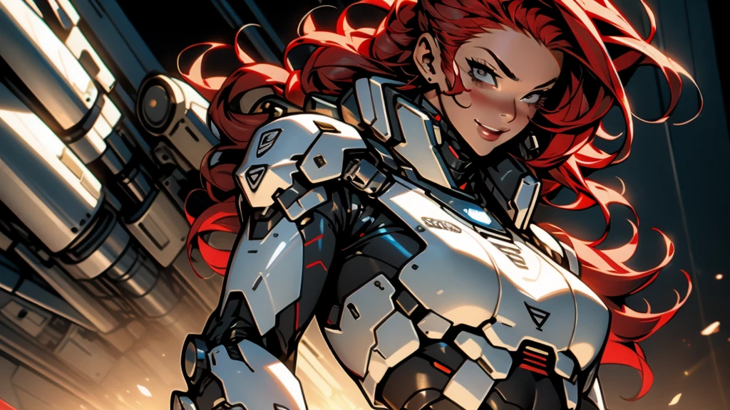 (((chedevr))), ((((Best quality)))), (((absurd))),,Sexy 35 year old adult woman,Wearing robotic armor,large breasts with décolleté,sexy pose,White mohawk and red hair,Proportional body,full body, lesbian,big breasts beautiful,mischievous smile,Military facilities