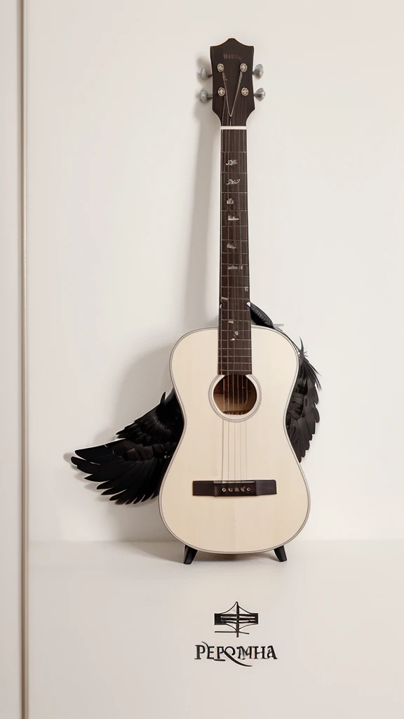 A minimal, modern, simple, cinematic logotype for the brand “Penamemoria". The logotype must be a simple, magical feather and a boy playing acoustic guitar. The logo must convey a sense of music, stories and dreams. Logo design impressed on a book cover. Minimalistic logo