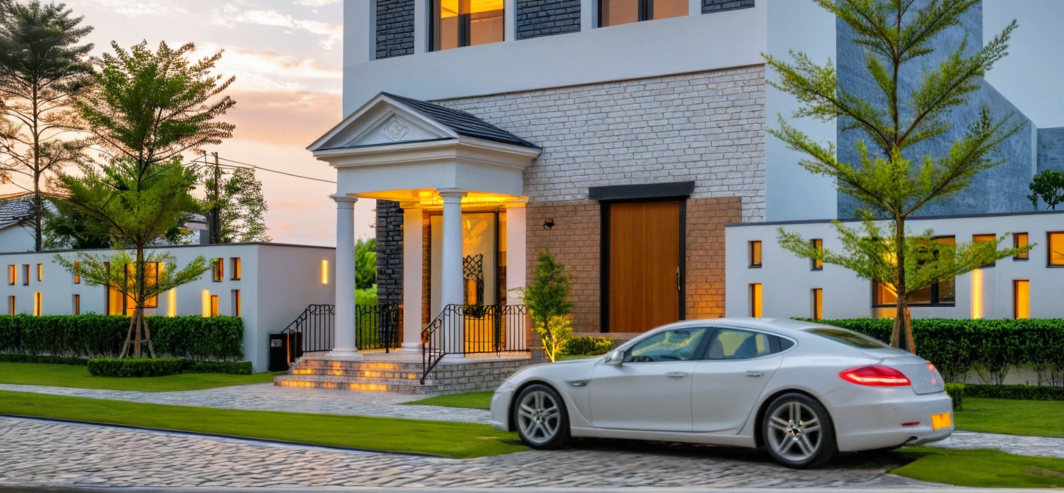 Masterpiece, high quality, best quality, authentic, super detail, outdoors, onestoreyvillaXL, aiaigroup, house style modern on the street ,stairs, white wall ,road,pavement, grass, trees, sky, cloud, (daylight:1.1),((pool front of villa))
