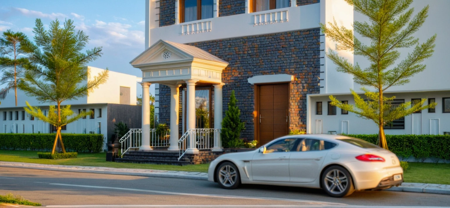 Masterpiece, high quality, best quality, authentic, super detail, outdoors, onestoreyvillaXL, aiaigroup, house style modern on the street ,stairs, white wall ,road,pavement, grass, trees, sky, cloud, (daylight:1.1),((pool front of villa))
