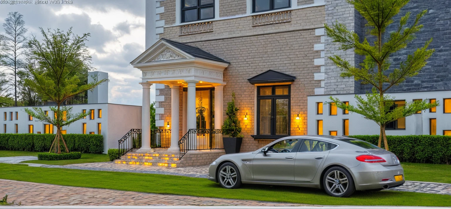 Masterpiece, high quality, best quality, authentic, super detail, outdoors, onestoreyvillaXL, aiaigroup, house style modern on the street ,stairs, white wall ,road,pavement, grass, trees, sky, cloud, (daylight:1.1),((pool front of villa))