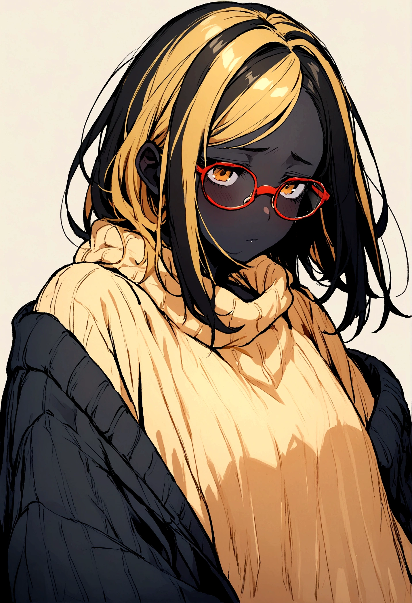 Girl, black hair blonde highlights, black skin, glasses, tired look, baggy clothes, big sweater