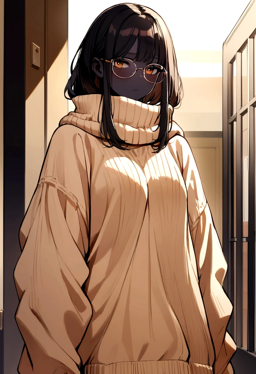 Girl, black hair blonde highlights, black skin, glasses, tired look, baggy clothes, big sweater