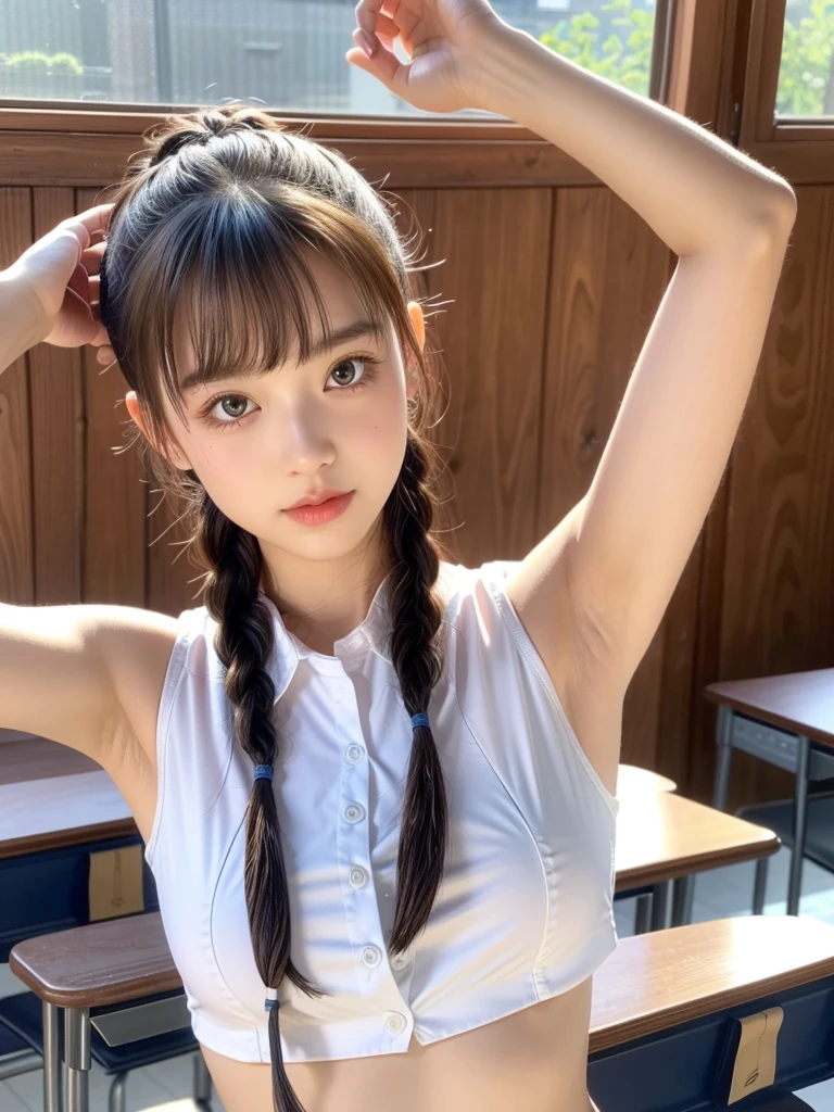 （masterpiece，Best quality，high quality，high risk，Ultra Detailed）,8K，masterpiece，RAW photos，best quality，Reality, intricate detail face，1 Girl，Detailed fabric texture，School，classroom，20 years old，Upper Body，（Sleeveless shirt，Uniforms，Show your armpits，Braids，Ponytail：1.5）