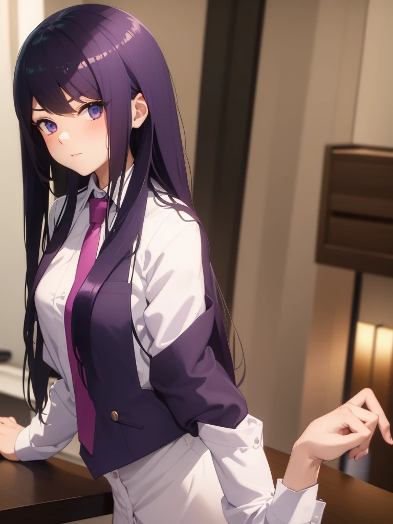 One girl, alone, bangs, blush, Place your hand on your chest, Jill Stingray, Long sleeve, View your viewers, Purple Hair, Medium chest, tie, shirt, alone, Upper Body, Best,  bartender, Best, white shirt,