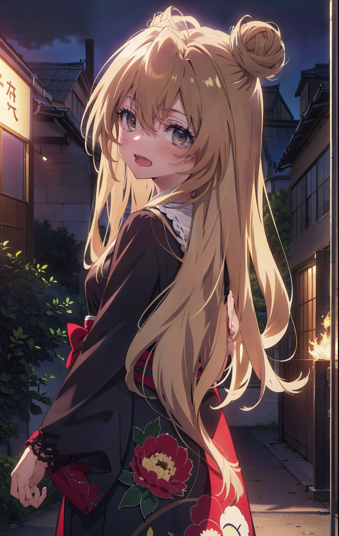 taiga aisaka, taiga aisaka, Long Hair, Brown Hair, Brown eyes,happy smile, smile, Open your mouth,Squint your eyes,Hair Bun, single  Hair Bun,Black kimono,Thick sleeves,日本のfestival,夏festivalの屋台,Red lantern,night,night空の花火,Fireworks,The place is a fireworks display,時間はnightです,sunny day,turn around,As if your whole body is in the illustration,Walking,　　　　　　　　　　　　　　　  　　　　　break looking at viewer, Upper Body, (Cowboy Shot:1. 5),  　　　　　
break outdoors, festival,shrine,
break (masterpiece:1.2), Highest quality, High resolution, unity 8k wallpaper, (shape:0.8), (Beautiful attention to detail:1.6), Highly detailed face, Perfect lighting, Highly detailed CG, (Perfect hands, Perfect Anatomy),