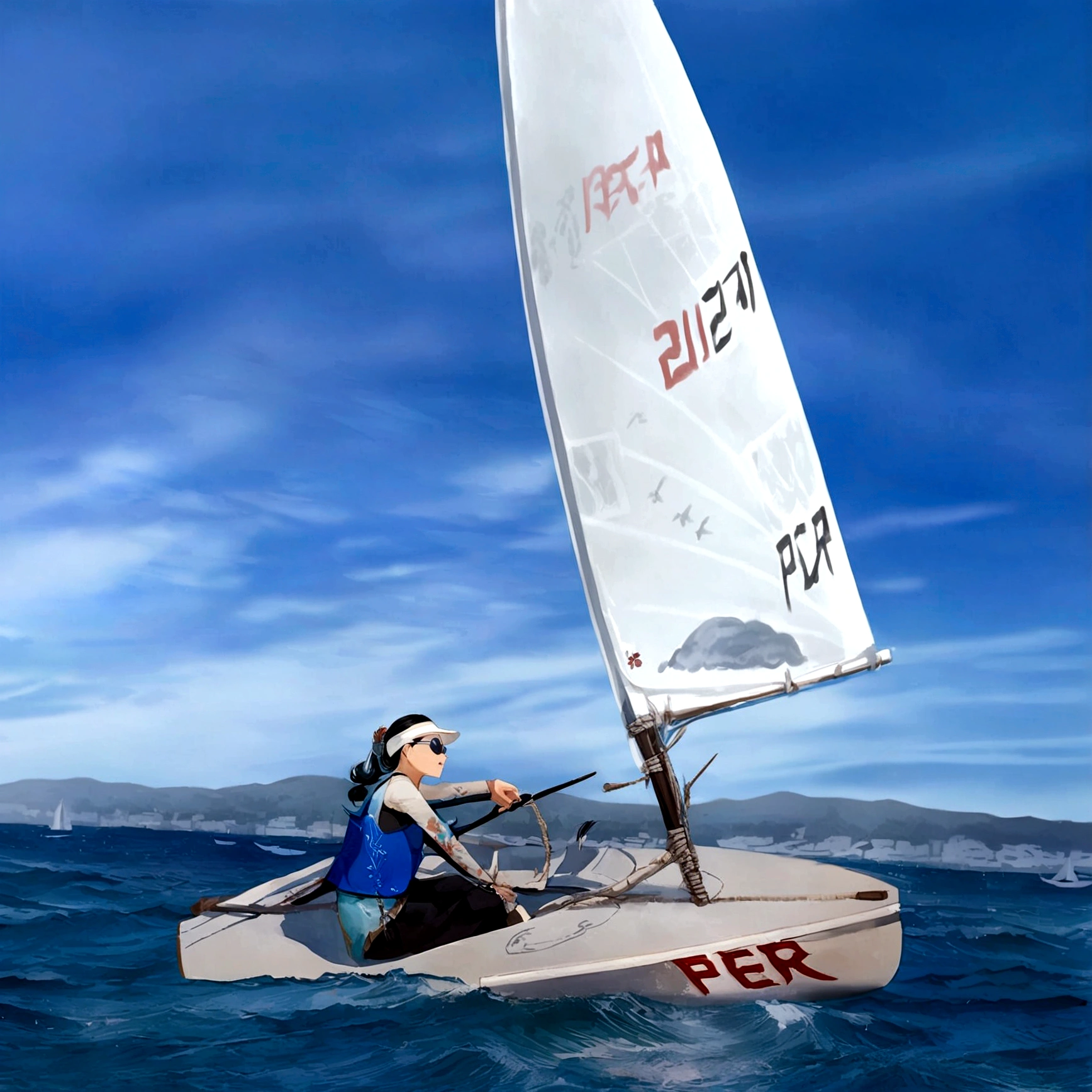 woman, sailing, boat ail, water wave, sea, sunglasses, sport, sky, day, 4k, ancestral japanese draw ink, ancestral china drawing, ink black, detail, parchment
