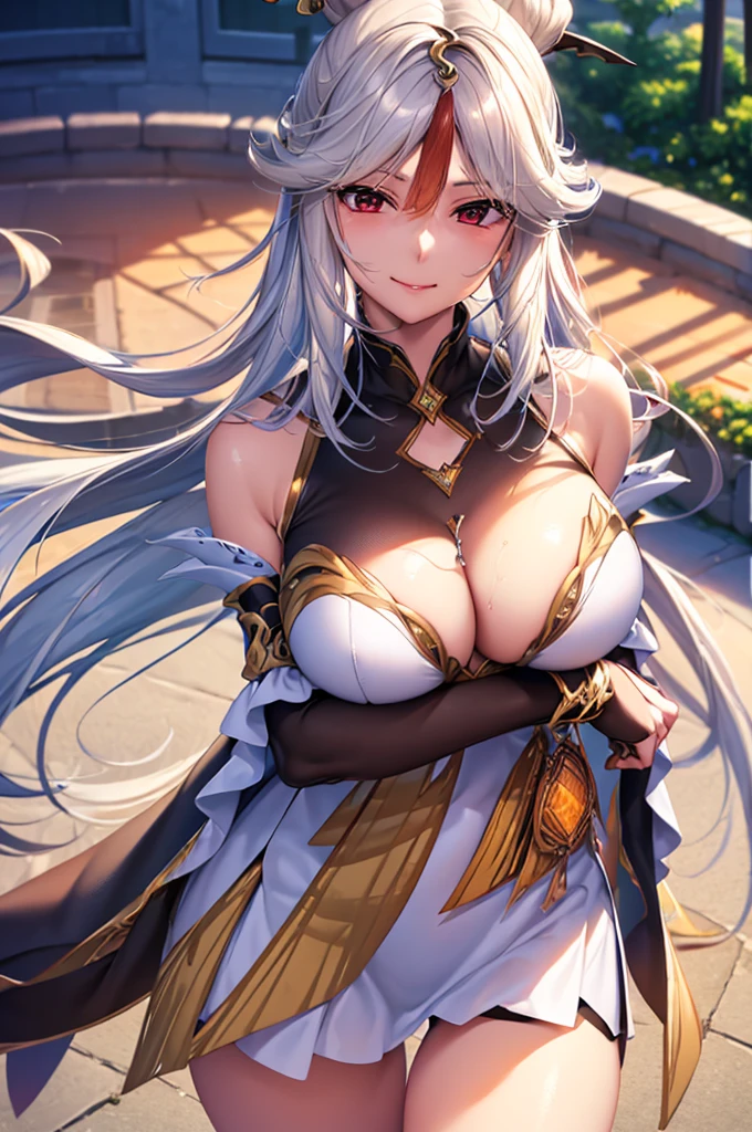 masterpiece)),((Highest quality)),High resolution,Highly detailed CG,Perfect lighting,8k wallpaper、One Woman, alone、Very long hair、Red Eyes、Very large breasts、Very large breasts、very thick legs、Looking into the camera、Captivating smile,White clothing