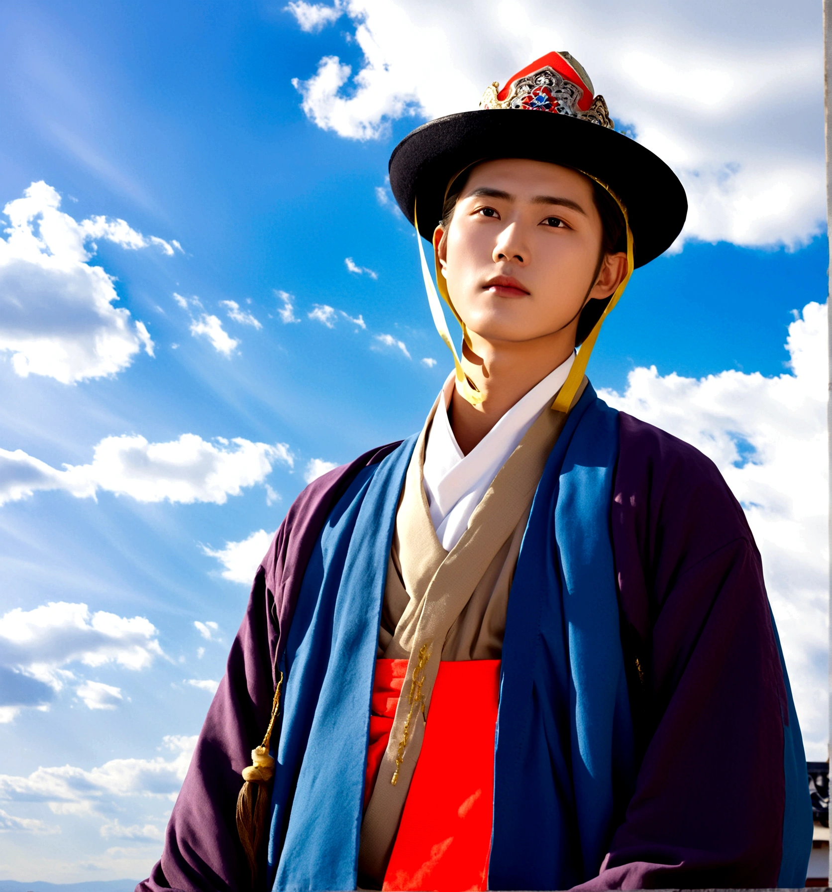 1boy, solo, looking at viewer, long sleeves, hat, closed mouth, upper body, outdoors, sky, day, cloud, blue sky, cloudy sky, crown, robe, korean clothes, traditional clothes, hanbok