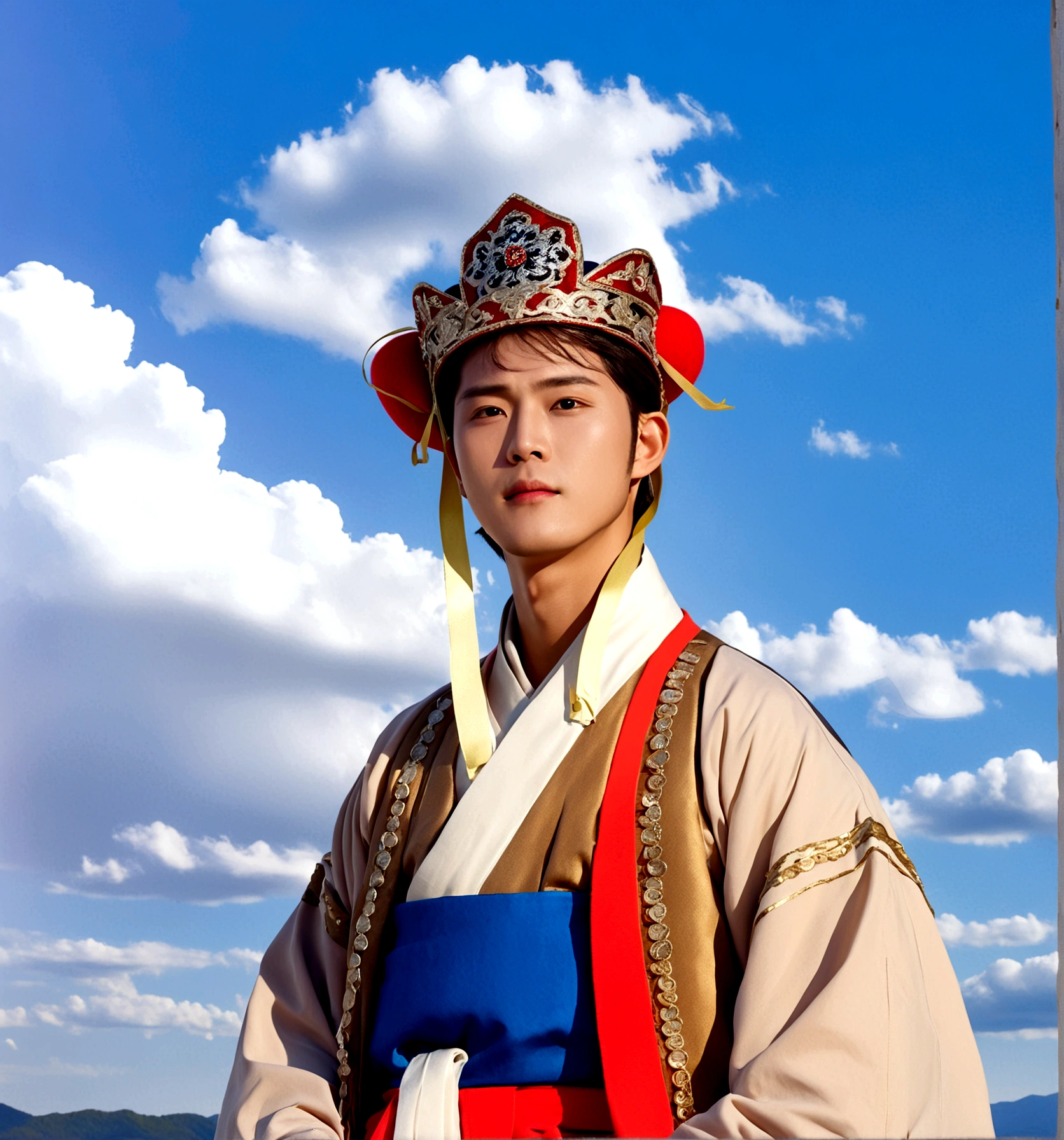1boy, solo, looking at viewer, long sleeves, hat, closed mouth, upper body, outdoors, sky, day, cloud, blue sky, cloudy sky, crown, robe, korean clothes, traditional clothes, hanbok