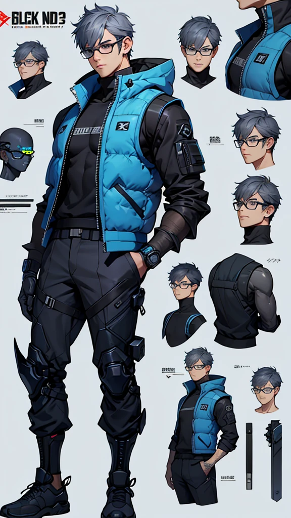 Character design sheet、Grey and blue mesh short hair、Glasses、male、Tactical Vest、whole body、cyber punk