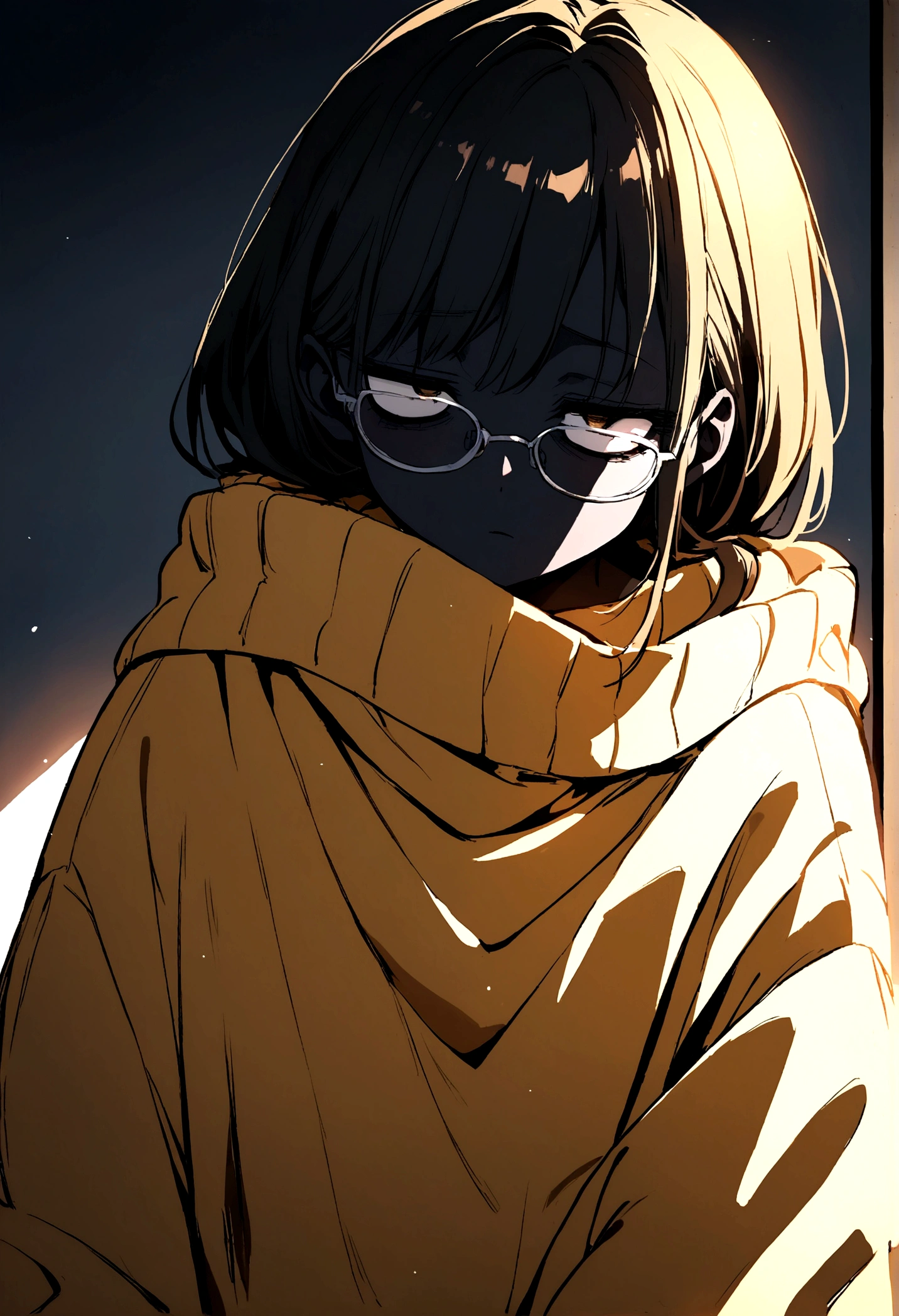 Girl, black hair blonde highlights, black skin, glasses, tired look, eye bags, dead eyes, baggy clothes, big sweater