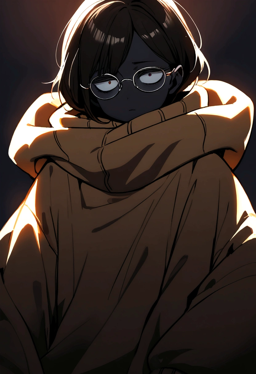 Girl, black hair blonde highlights, black skin, glasses, tired look, eye bags, dead eyes, baggy clothes, big sweater