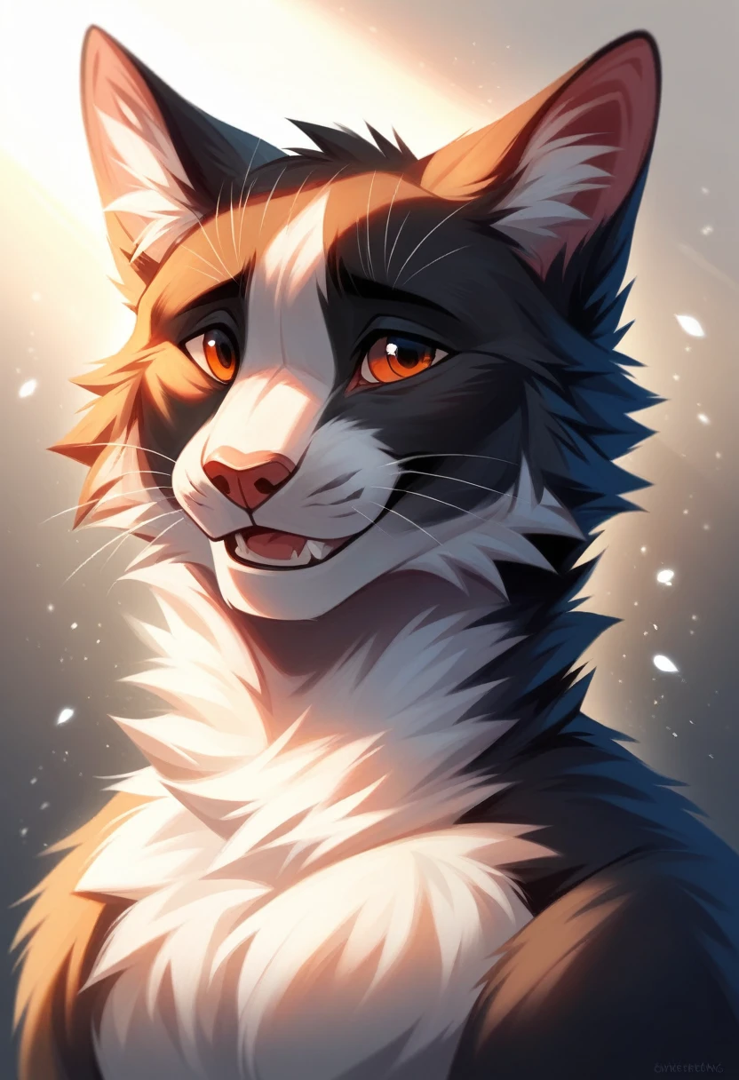 solo male, white cat, furry, smiling, red fur, Black fur stripe, netral, Traumatized face, dynamic lighting, illustration, beautiful, particles (high quality,4k,8k,highres,masterpiece:1.2), ultra-detailed, impressionistic:colorful,