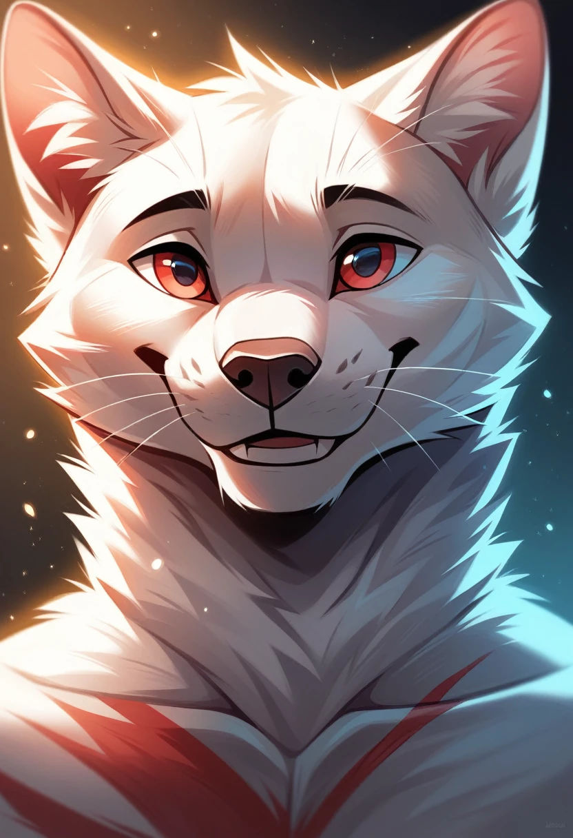 solo male, white cat, furry, smiling, red fur, Black fur stripe, netral, Traumatized face, dynamic lighting, illustration, beautiful, particles (high quality,4k,8k,highres,masterpiece:1.2), ultra-detailed, impressionistic:colorful,