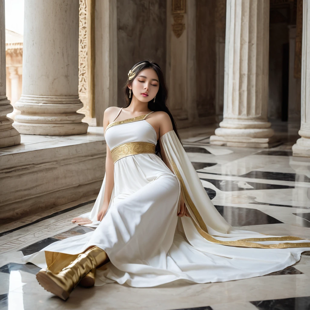 Epic perilous defeated scenery of a beautiful maiden in a roman palace, (defeated unconscious asleep, body lying on the ground floors of the palace), beautiful enchanting white skin Indonesian Maiden age 27 year old, perfect aspects, 36-24-36 body ratio, slim abs, slim natural round breasts, wearing beautiful loose white toga over one shoulder, one bare breast, gold dress accents, white maxi high thigh leather boots, beautiful long 1.5m loose hair with micro gold headband, white long cape, detailed face, ultra realistic photography, natural lighting, sharp focus, dof, (((masterpiece))), 64k