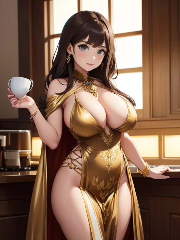 girl, With big breasts, exotic dress with golden details of coffee brown color