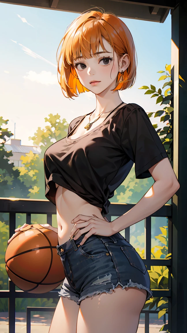 (masterpiece, best quality, (1 Girl:1.5), Solitary, Intricate details, Chromatic Aberration), ((Short Wavy Hair, Bangs, (black eyes:1.5), blunt Bangs, Orange Hair, Bob Cut)), Small earrings, Sharp eyes, Necklace, (Large Breasts: 1.2), cleveage, A faint smile, (Black cropped top, Thin material, Denim shorts), The waist is open, (Symmetrical eyes), (Perfectly symmetrical body), (((Natural light))), ((Leaning against the basketball stand)),Holding a basketball
